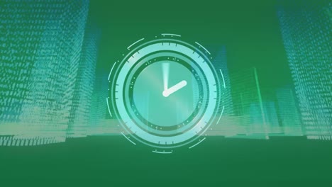 Animation-of-clock-and-metaverse-city-on-green-digital-screen