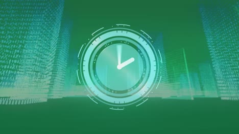 animation of clock and metaverse city on green digital screen