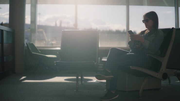 A young woman using her phone while sitting in the airport terminal