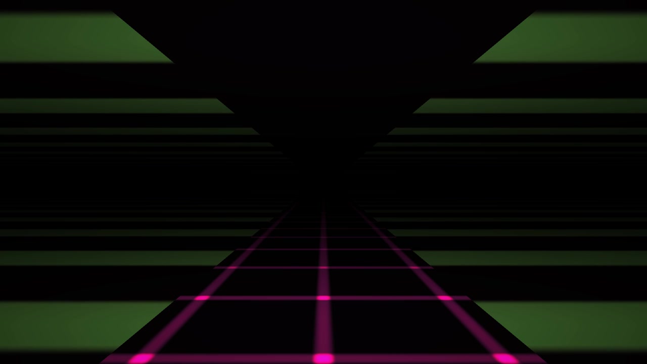 Tunnel Astratto Retrò Synthwave a Griglia con Luci al Neon Pulsanti