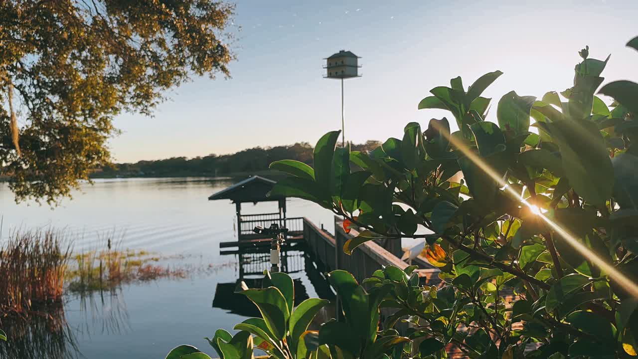 새집 이 있는 평온 한 호수  의 해가 지는 것