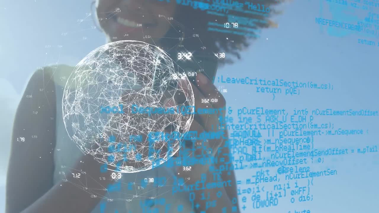 스마트폰을 사용하는 미소 짓는 아시아 여성에 대한 지구의 애니메이션과 데이터 처리