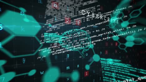 Animation of brain and chemical formulas over virus warning and data on black background
