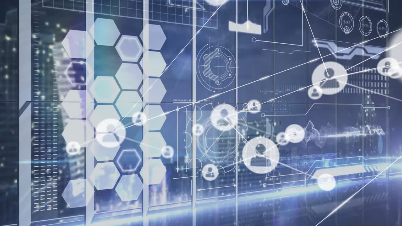 Digital interface background showing network connections and data processing animation