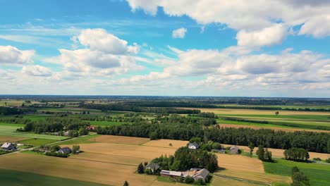 Luftaufnahme-Mit-Der-Landschaftsgeometriestruktur-Vieler-Landwirtschaftlicher-Felder-Mit-Verschiedenen-Pflanzen-Wie-Raps-In-Der-Blütezeit-Und-Grünem-Weizen