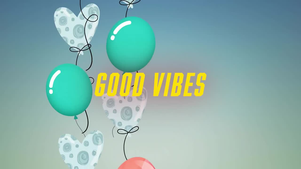 animación de las palabras buenas vibraciones en amarillo con globos flotantes en azul