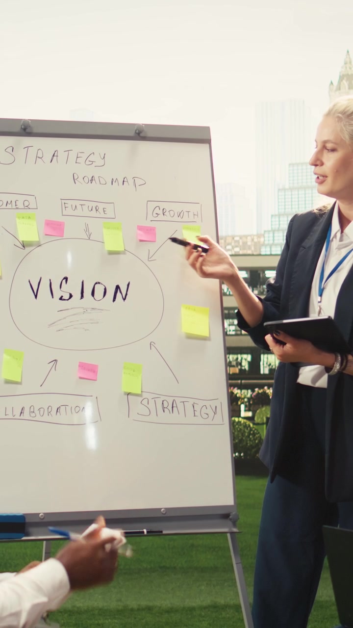 Vídeo Vertical: Empresária conduzindo apresentação em quadro branco e explicando ideias