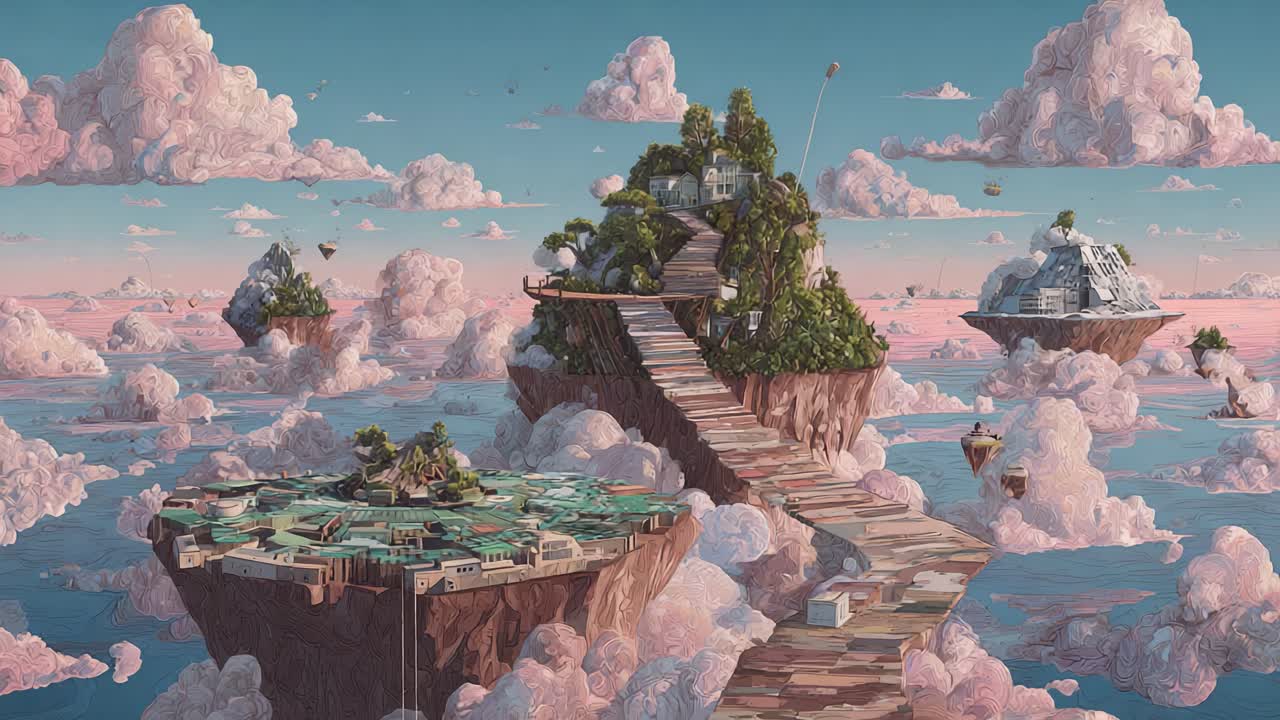 Surreal Floating Islands with Lush Greenery and Serene Pathways Among Fluffy Clouds in a Dreamlike Landscape, Evoking a Sense of Peace and Imagination in a Whimsical Sky Setting