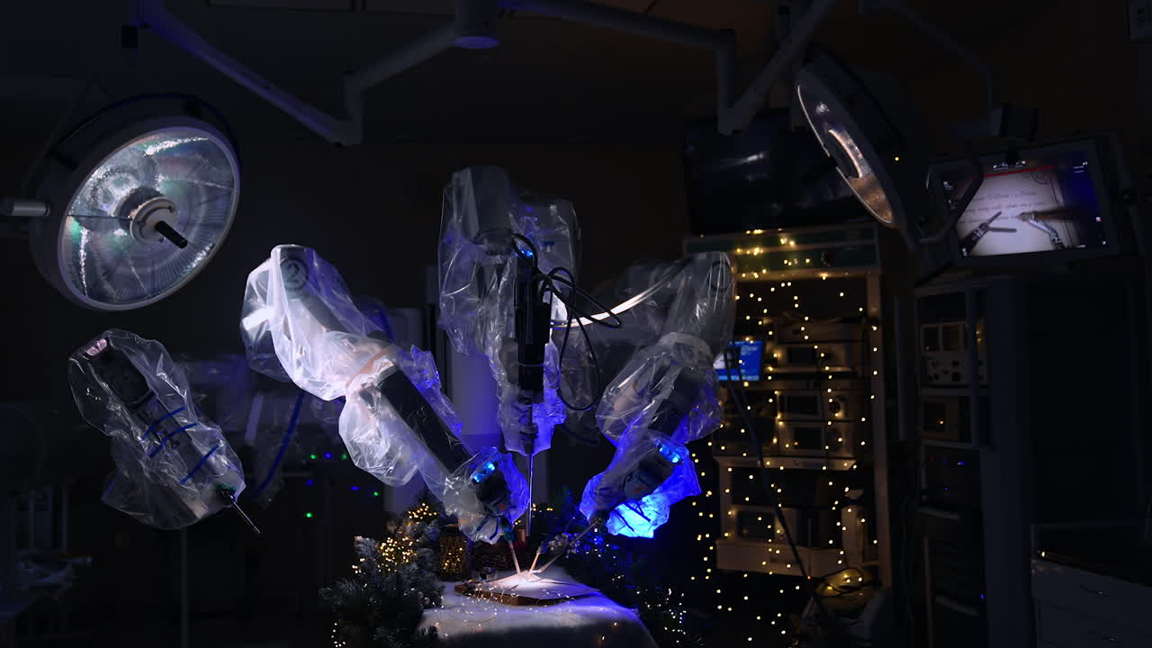 Innovative futuristic equipment in the dim light of modern surgical room. Da Vinci robot arms moving over the decorated operational table.