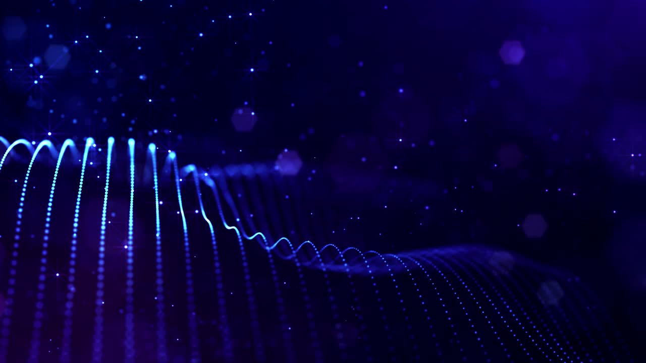 Glow blue particles form lines, surfaces, complex string structures in smooth motion like in microworld or space. 4k looped sci-fi particle background with bokeh and light effects.