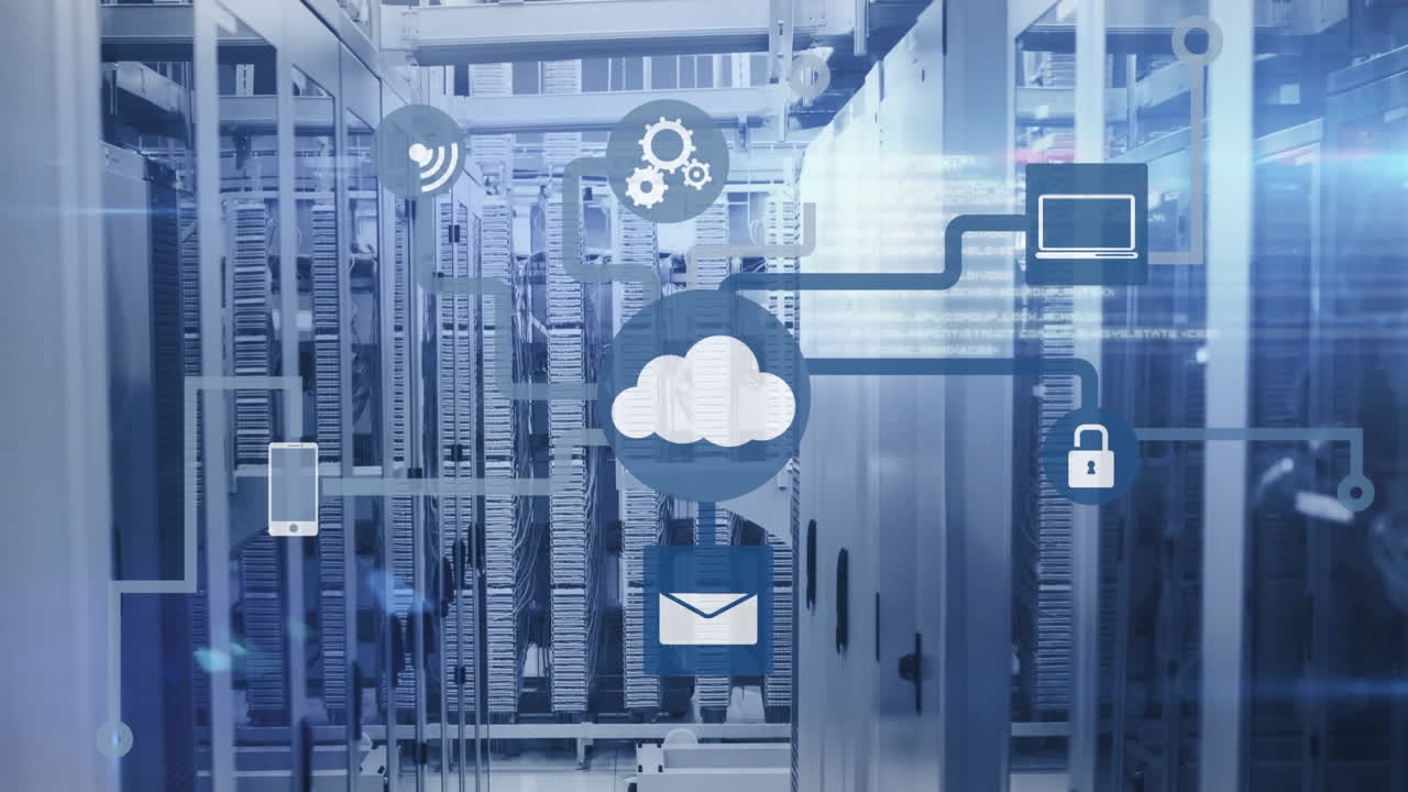 Animation of data processing and media icons over server room