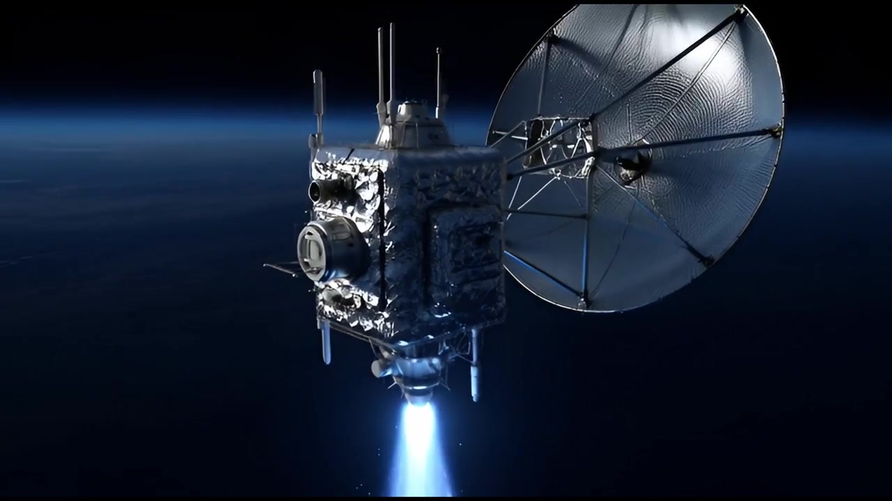 Satelliitti avaa parabolisen antennin ja laukaisee työntömoottorin avaruudessa