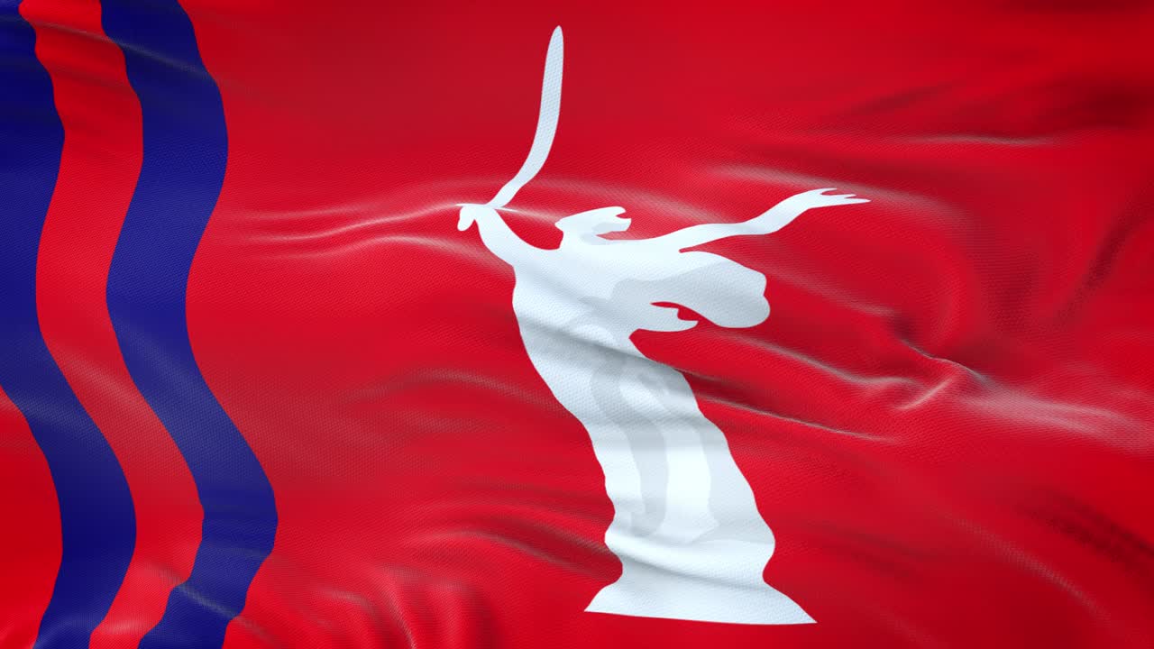 Volgograd oblast (Federal subject of Russia) flag waving in the wind with highly detailed fabric texture. Seamless loop