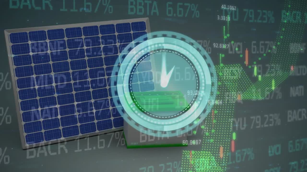 거래 보드, 그래프, 태양 패널, 백색 배경에 대한 배터리의 디지털 시계 애니메이션