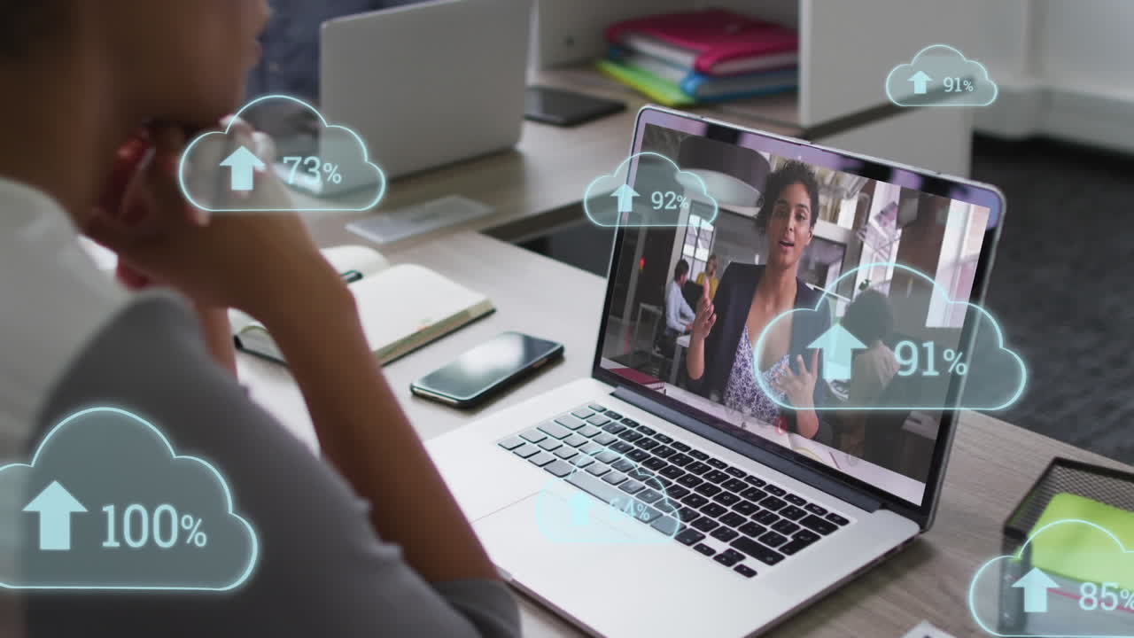 Animation of arrow, changing numbers in clouds, diverse coworkers discussing reports on video call