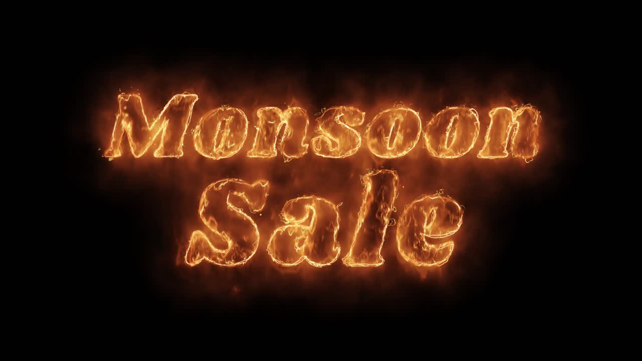 Monsoon sale word hot animated burning realistic fire flame and smoke seamlessly loop animation on