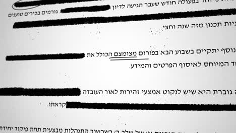 hebrew document with classified looking text being censored with black lines. top secret file as redaction erases lines hiding information from public. military or government agency sensitive material