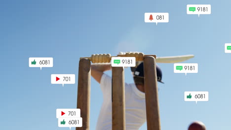 Animation-of-notification-bars,-stumps-and-rear-view-of-caucasian-batsman-hitting-ball