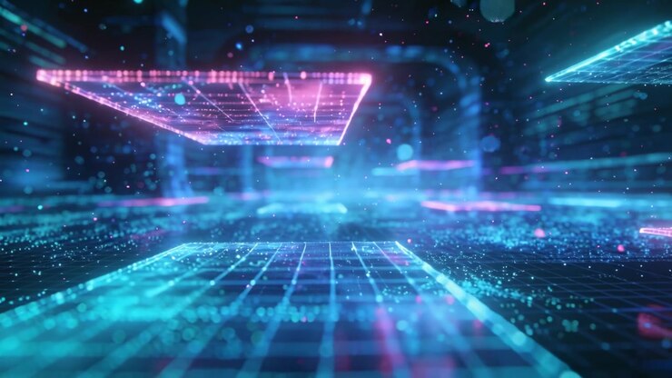 Starting camera forward movement sending neon-lit corridor moving toward center to reveal panels