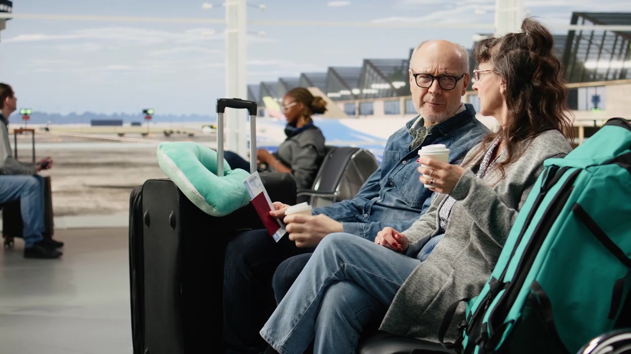 Uomo e donna pensionati felici che bevono caffè nella lounge dell'aeroporto