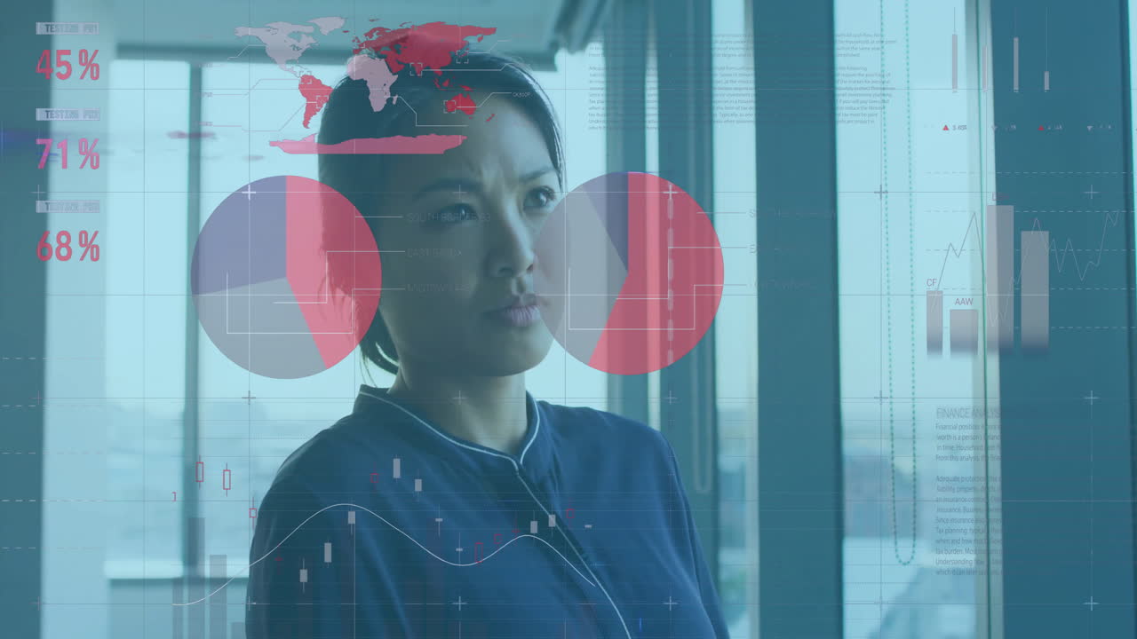 Animation of graphs and charts processing data over asian casual businesswoman thinking at office