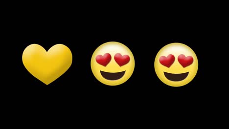Digital-animation-of-heart-eyes-face-emojis-and-yellow-heart-icon-against-black-background