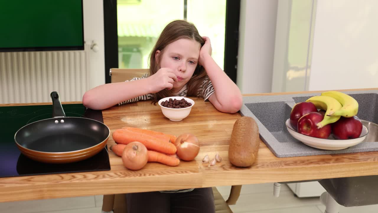 Girl Eating Cereal with Fruits and Vegetables
