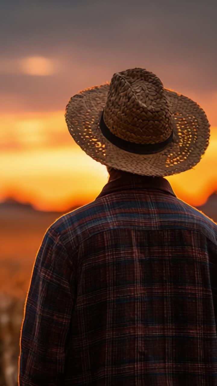 A Solitary Farmer Watching the Sunset Over a Golden Field, Wrapped in Nature's Beauty and the Peace of Dusk, Embracing the End of Another Day of Hard Work