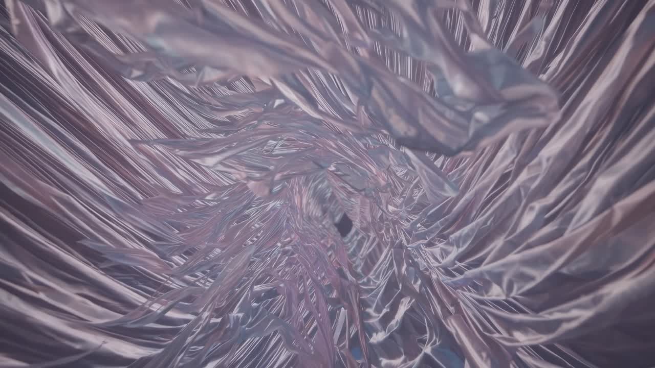 Light pink and purple fabric strips flowing together to form a tunnel, converging into a dark point, evoking a sense of mystery and a dreamy, ethereal atmosphere