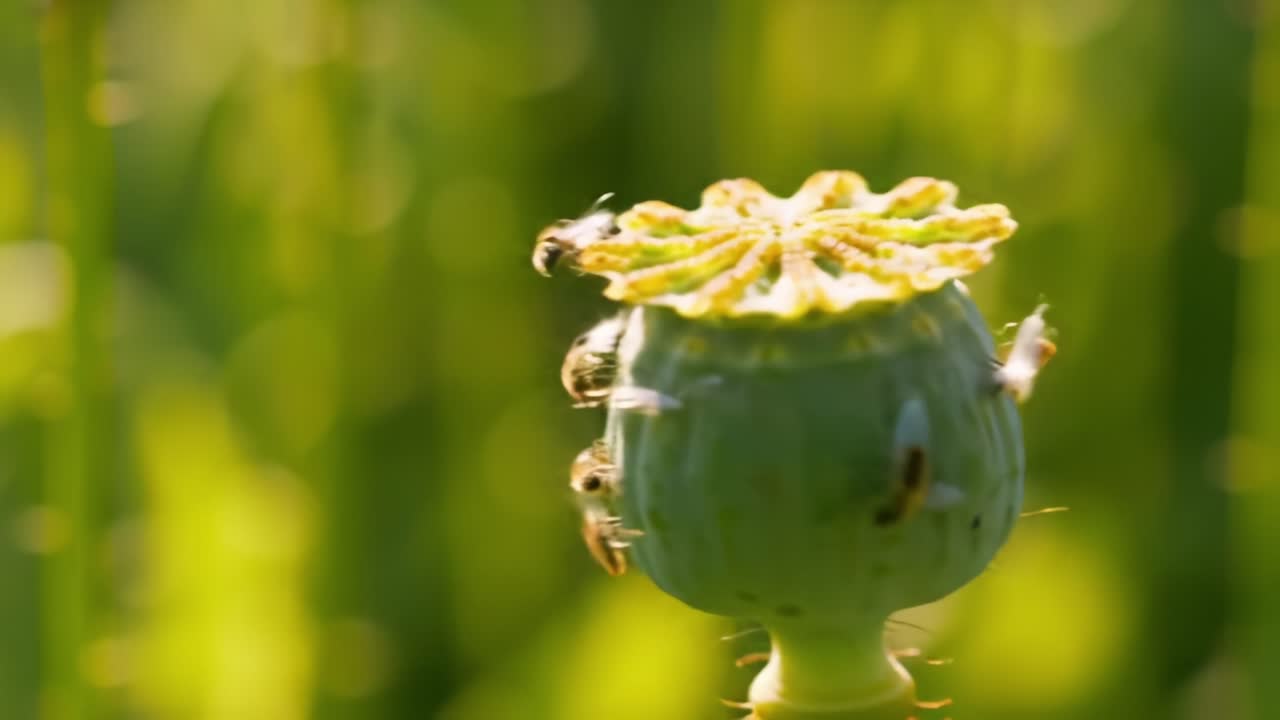 Bees Buzzing Around a Poppy Seed Pod in a Vibrant Green Field During Golden Hour