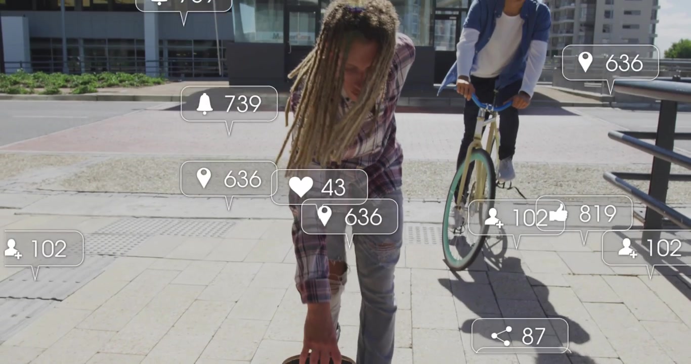 Skater stepping onto deck, causing floating social media icons growing during flip trick for boost