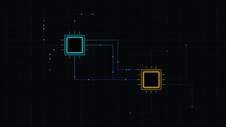 Digital Circuitry Connecting Two Microchips on Dark Grid Background