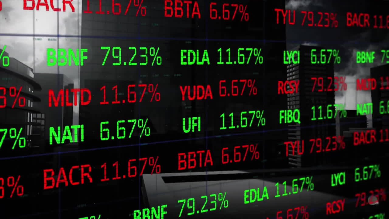 animación del procesamiento de datos financieros sobre el fondo del paisaje urbano