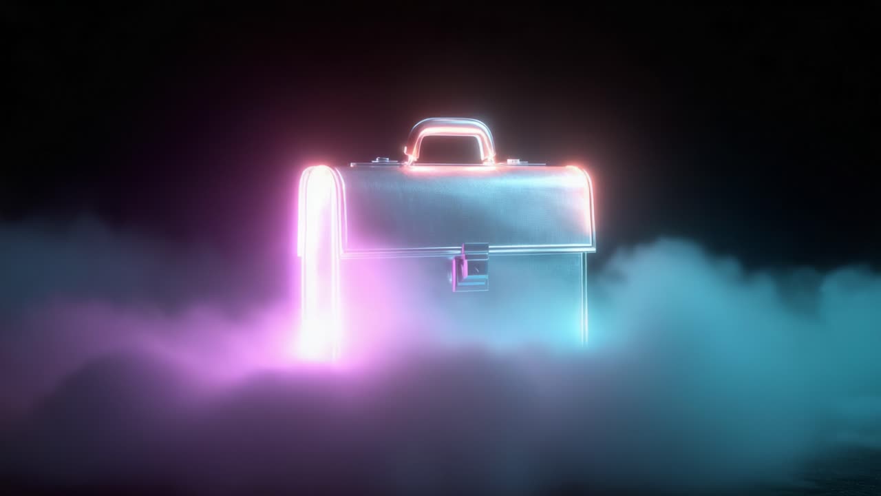 A Stylish Briefcase Surrounded by Mystical Fog with Luminous Edges, Creating a Unique Visual Experience That Captures Attention and Represents Modern Professionalism and Elegance