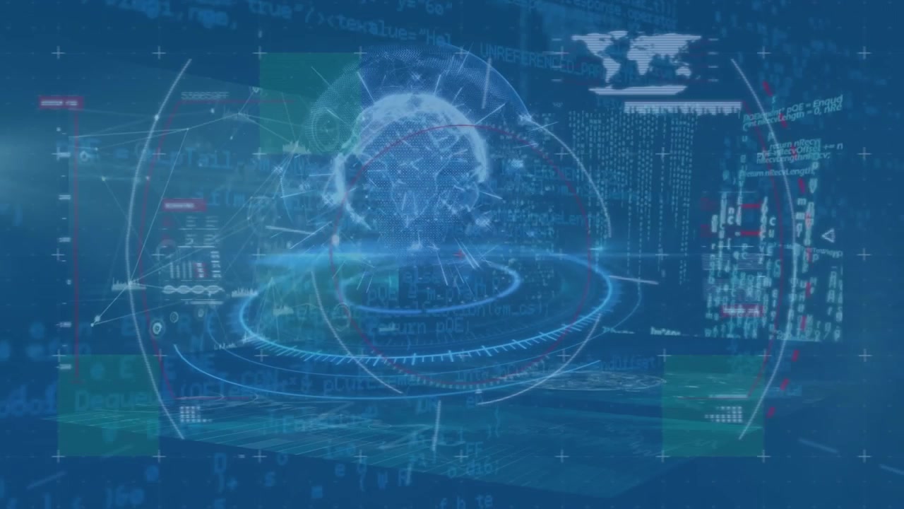 Animation of data processing with scope scanning and globe on blue background