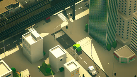 Low-poly-3d-animation-of-the-city-life.-Urban-aerial-view-of-the-city-block-with-skyscrapers,-offices,-shops-and-cars-driving-on-the-streets.-People-are-walking-on-the-crosswalks.