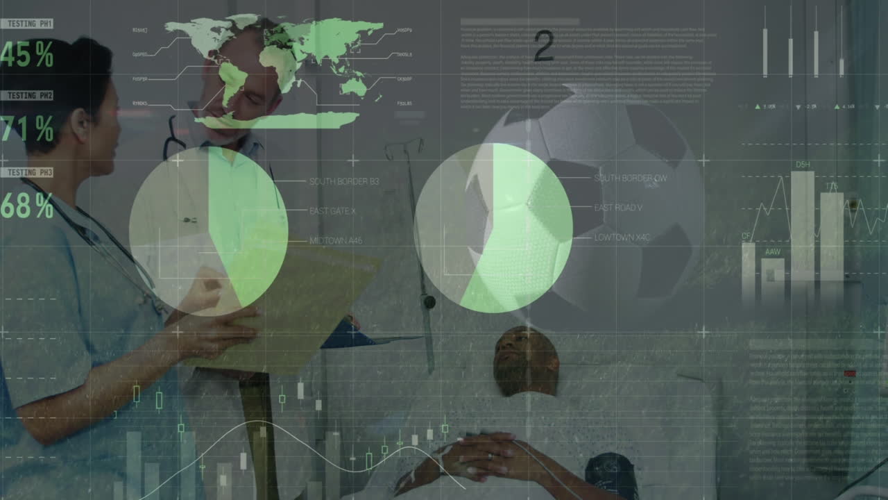 animación de procesamiento de datos y fútbol sobre pacientes varones afroamericanos y médicos caucásicos