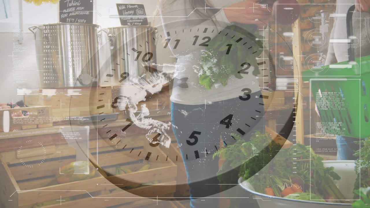 식료품 가게의 사람들을 가로질러 시계의 애니메이션.