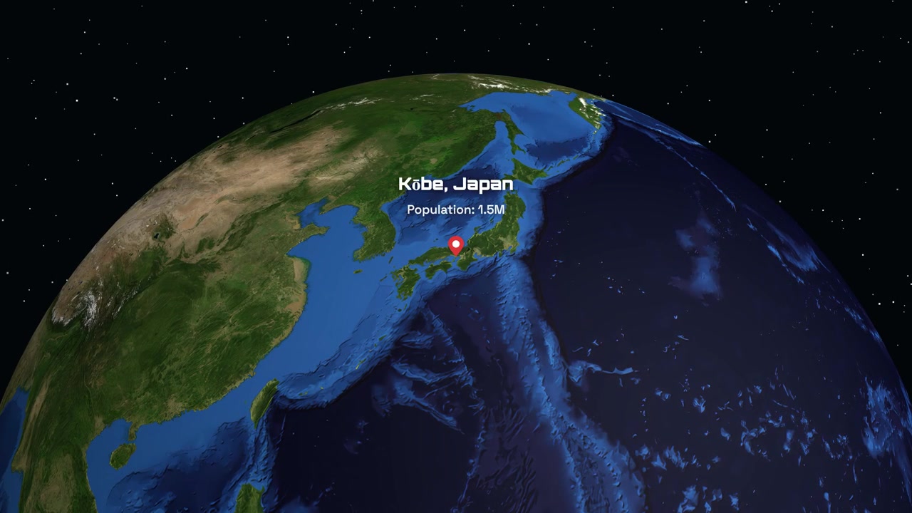 Digital globe rotates and zooms from space to Kobe Japan with population data text overlay