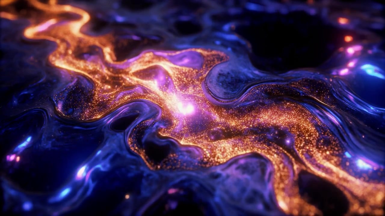 Abstract Liquid Flow with Glowing Golden Particles and Dark Blue Waves