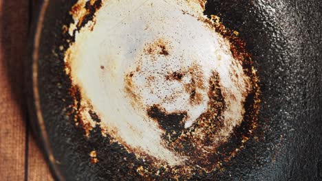 close-up of a dirty and burnt frying pan bottom