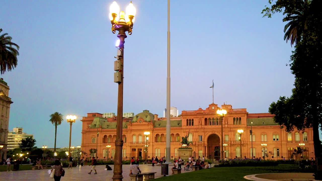 Plaza de Mayo, central square landmark of Buenos Aires City Argentina with vibrant Pink House and Dusk Skyline