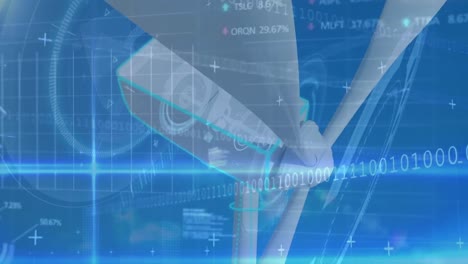 animation of binary coding and data processing over wind turbine