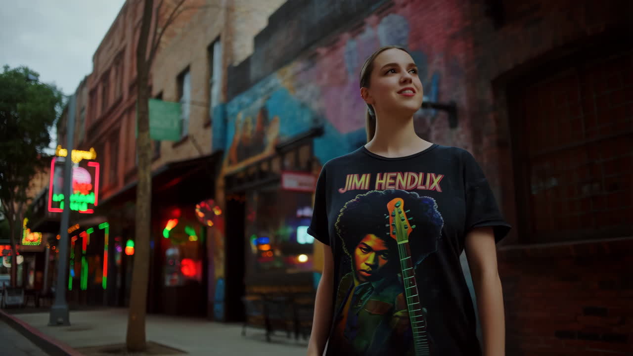 Young woman in Jimi Hendrix t-shirt on a vibrant city street