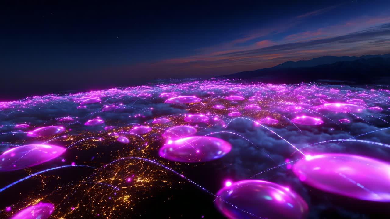 A Stunning Aerial View of a Futuristic Cityscape at Night, Illuminated with Vibrant Purple Lights, Featuring Glowing Spheres and Interactive Energy Nodes, with a Clear Horizon and Distant Mountains in the Background