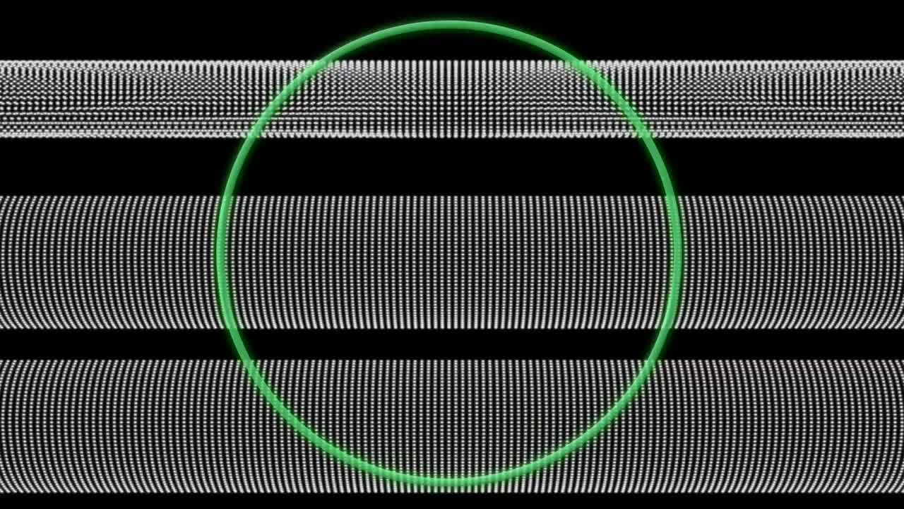 Animation of green circle over moving stripes on black background