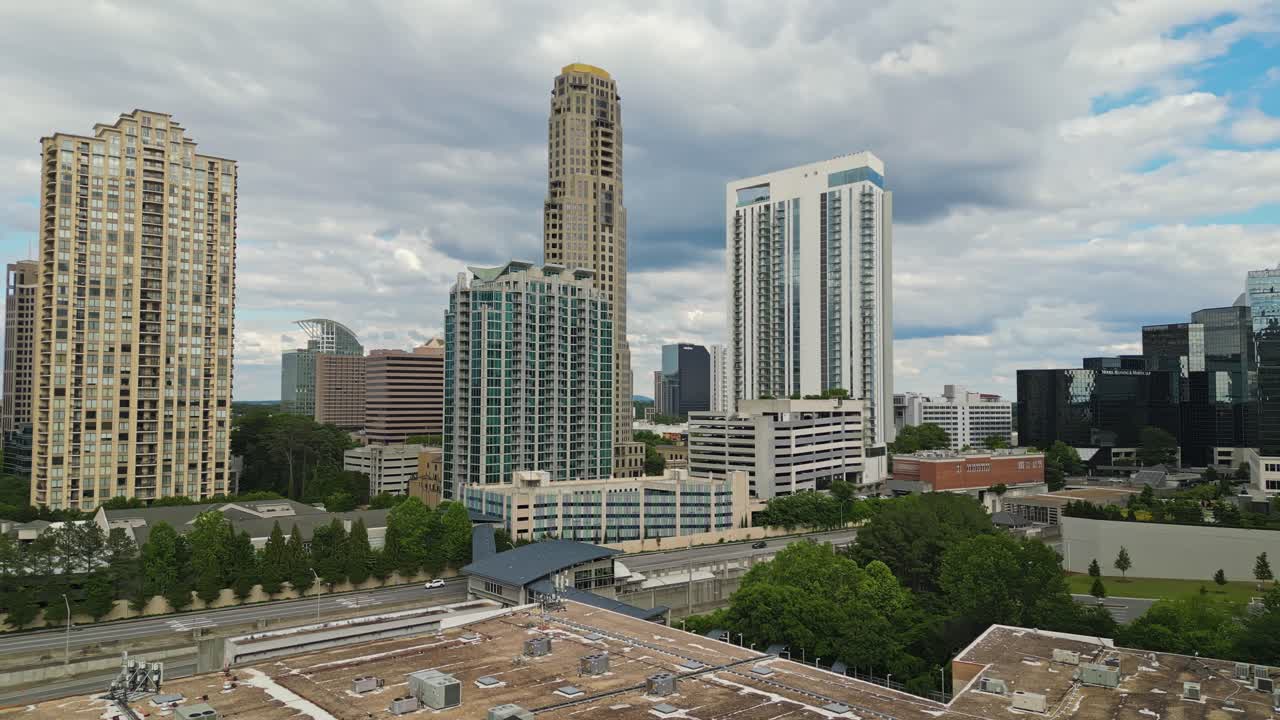Skyline With Tall Buildings In Uptown District Of Buckhead In Atlanta, Georgia. panning drone shot