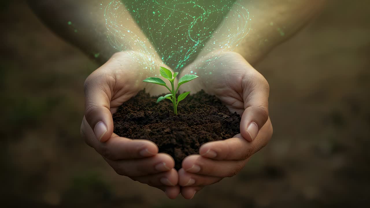 Holding cupped hands with soil and sprout in garden, faint green particles rising and feeding plant