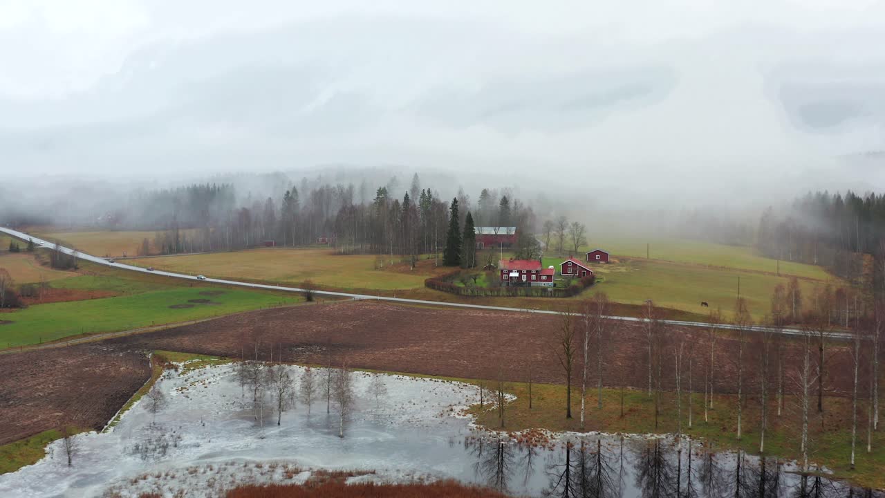 toma aérea de una granja junto a una carretera y un lago en medio de suecia