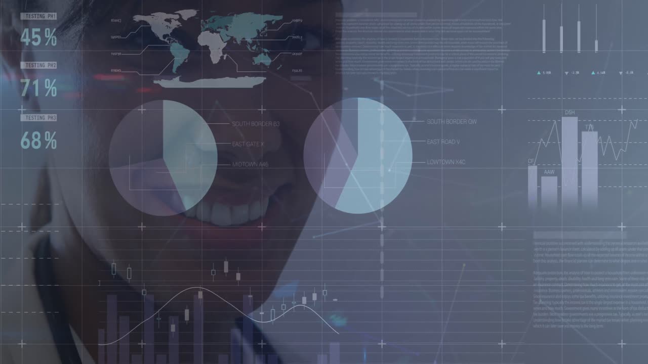 animación del procesamiento de datos estadísticos sobre una mujer médica afroamericana sonriendo en el hospital.